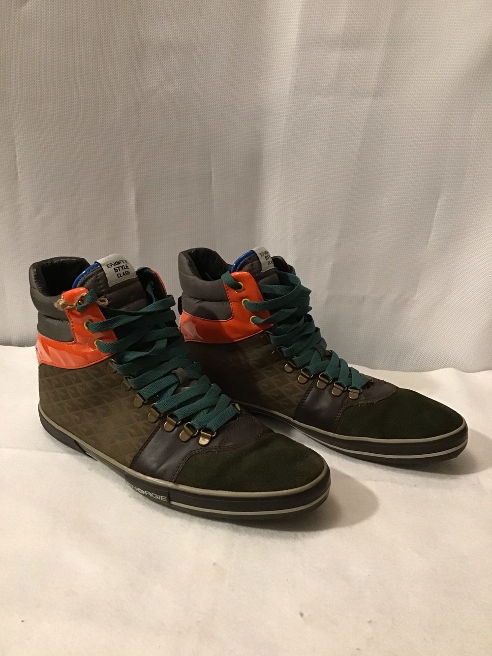 Vintage Energie Style High-Top Sneakers Men Olive Brown Orange Leather Y2K